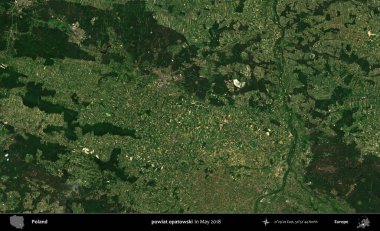 powiat opatowski. Copernicus Sentinel 'in Mayıs 2018' de çekilmiş uydu görüntüsü üzerine Polonya 'nın idari bölgesi.