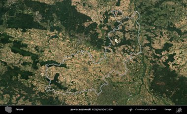 powiat opatowski. Eylül 2020 'de çekilen Kopernik Nöbetçi karolarından oluşan bir uydu görüntüsü üzerine Polonya' nın idari bölgesinin ana hatlarını çizdim.