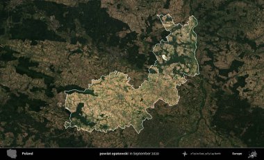 powiat opatowski. Polonya 'nın idari alanı, Eylül 2020' de çekilen Kopernik Nöbetçi karolarından oluşan koyu renkli bir uydu görüntüsü üzerine vurgulandı ve özetlendi