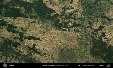 powiat opatowski. Eylül 2020 'de Copernicus Sentinel karolarından oluşan bir uydu görüntüsü üzerine Polonya' nın idari bölgesi