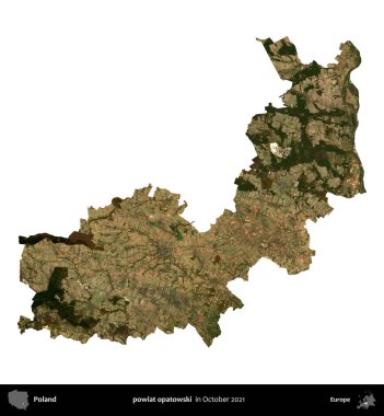 powiat opatowski. Polonya idari bölgesi, Ekim 2021 'de çekilen Kopernik Nöbetçi karolarından oluşan bir uydu görüntüsü üzerinde beyaza izole edildi.