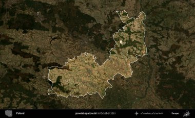 powiat opatowski. Polonya 'nın idari alanı, Ekim 2021' de çekilen Kopernik Nöbetçi karolarından oluşan koyu renkli bir uydu görüntüsü üzerine vurgulandı ve özetlendi