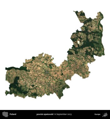 powiat opatowski. Polonya idari bölgesi, Eylül 2023 'te çekilen Kopernik Nöbetçi karolarından oluşan bir uydu görüntüsü üzerinde beyaza izole edildi.
