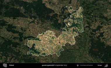 powiat opatowski. Polonya 'nın idari alanı, Eylül 2023' te çekilen Kopernik Nöbetçi karolarından oluşan koyu renkli bir uydu görüntüsü üzerine vurgulandı ve özetlendi.