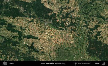 powiat opatowski. Eylül 2023 'te Copernicus Sentinel karolarından oluşan uydu görüntüsü üzerine Polonya' nın idari bölgesi