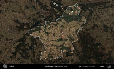 powiat opoczynski. Polonya 'nın idari alanı, Nisan 2018' de çekilen Kopernik Nöbetçi karolarından oluşan koyu renkli bir uydu görüntüsü üzerine vurgulandı ve özetlendi