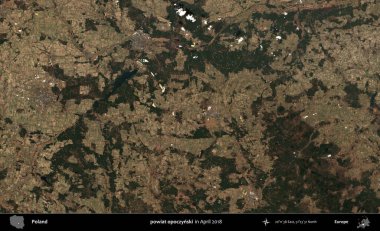 powiat opoczynski. Nisan 2018 'de çekilen Kopernik Sentinel karolarından oluşan bir uydu görüntüsü üzerine Polonya' nın idari bölgesi