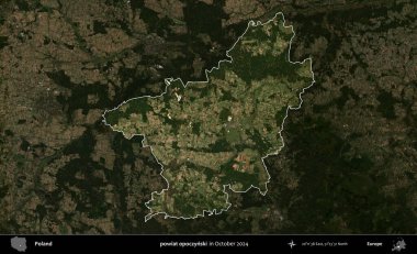 powiat opoczynski. Polonya 'nın idari alanı, Ekim 2024' te çekilen Kopernik Nöbetçi karolarından oluşan koyu renkli bir uydu görüntüsü üzerine vurgulandı ve özetlendi