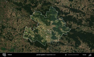 powiat opolski. Polonya 'nın idari alanı, Eylül 2021' de çekilen Kopernik Nöbetçi karolarından oluşan koyu renkli bir uydu görüntüsü üzerine vurgulandı ve özetlendi