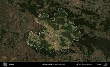 powiat opolski. Polonya 'nın idari alanı, Eylül 2024' te çekilen Kopernik Nöbetçi karolarından oluşan koyu renkli bir uydu görüntüsü üzerine vurgulandı ve özetlendi