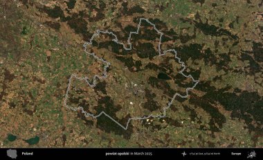 powiat opolski. Polonya 'nın idari bölgesinin ana hatları, Mart 2025' te çekilen Kopernik Nöbetçi karolarından oluşan bir uydu görüntüsü üzerine çizildi.