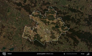 powiat opolski. Polonya 'nın idari alanı, Mart 2025' te çekilen Kopernik Nöbetçi karolarından oluşan koyu renkli bir uydu görüntüsü üzerine vurgulandı ve özetlendi