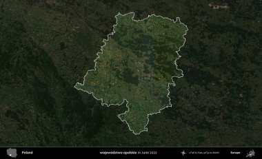 wojewodzZ iki opolskie. Polonya 'nın idari alanı, Haziran 2022' de çekilen Kopernik Nöbetçi karolarından oluşan koyu renkli bir uydu görüntüsü üzerine vurgulandı ve özetlendi.