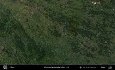 wojewodzZ iki opolskie. Copernicus Sentinel 'in Haziran 2022' de çekilmiş uydu görüntüsü üzerine Polonya 'nın idari bölgesi.