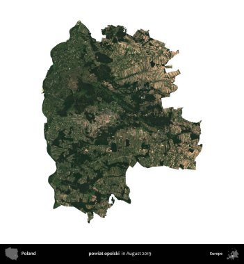 powiat opolski. Polonya idari bölgesi, Ağustos 2019 'da çekilen Kopernik Nöbetçi karolarından oluşan bir uydu görüntüsü üzerinde beyaza izole edildi.