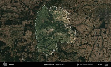 powiat opolski. Polonya 'nın idari alanı, Ağustos 2019' da çekilen Kopernik Nöbetçi karolarından oluşan koyu renkli bir uydu görüntüsü üzerine vurgulandı ve özetlendi.