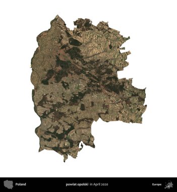 powiat opolski. Polonya idari bölgesi, Nisan 2020 'de çekilen Kopernik Nöbetçi karolarından oluşan bir uydu görüntüsü üzerinde beyaza izole edildi.