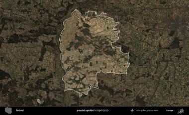 powiat opolski. Polonya 'nın idari alanı, Nisan 2020' de çekilen Kopernik Nöbetçi karolarından oluşan koyu renkli bir uydu görüntüsü üzerine vurgulandı ve özetlendi