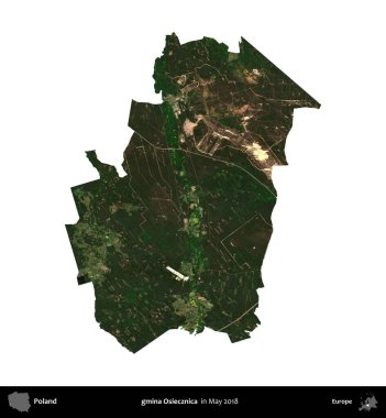 gmina Osiecznica. Polonya 'nın idari bölgesi, Mayıs 2018' de çekilen Kopernik Nöbetçi Fayanslarından oluşan bir uydu görüntüsü üzerinde beyaza izole edildi.