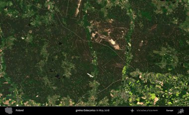 gmina Osiecznica. Copernicus Sentinel 'in Mayıs 2018' de çekilmiş uydu görüntüsü üzerine Polonya 'nın idari bölgesi.