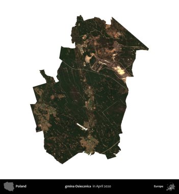gmina Osiecznica. Polonya idari bölgesi, Nisan 2020 'de çekilen Kopernik Nöbetçi karolarından oluşan bir uydu görüntüsü üzerinde beyaza izole edildi.