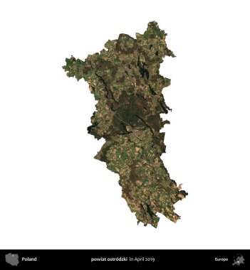 powiat ostrodzki. Polonya idari bölgesi, Nisan 2019 'da çekilen Kopernik Nöbetçi karolarından oluşan bir uydu görüntüsü üzerinde beyaza izole edildi.