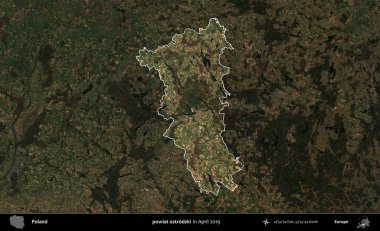 powiat ostrodzki. Polonya 'nın idari alanı, Nisan 2019' da çekilen Kopernik Nöbetçi karolarından oluşan koyu renkli bir uydu görüntüsü üzerine vurgulandı ve özetlendi.