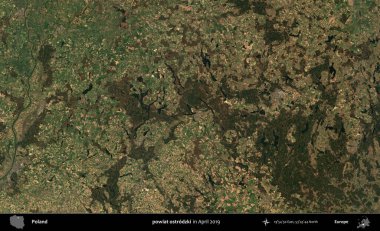 powiat ostrodzki. Nisan 2019 'da çekilen Kopernik Sentinel karolarından oluşan bir uydu görüntüsü üzerine Polonya' nın idari bölgesi