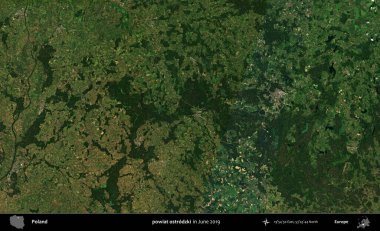 powiat ostrodzki. Copernicus Sentinel 'in Haziran 2019' da çekilmiş uydu görüntüsü üzerine Polonya 'nın idari bölgesi.
