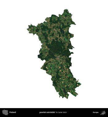 powiat ostrodzki. Polonya idari bölgesi, Haziran 2021 'de çekilen Kopernik Nöbetçi karolarından oluşan bir uydu görüntüsü üzerinde beyaza izole edildi.