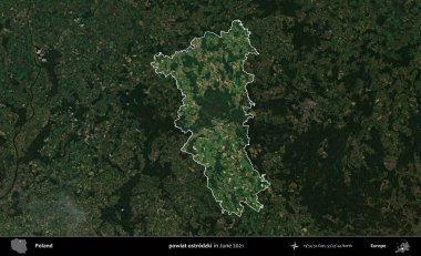 powiat ostrodzki. Polonya 'nın idari alanı, Haziran 2021' de çekilen Kopernik Nöbetçi karolarından oluşan koyu renkli bir uydu görüntüsüyle vurgulandı ve özetlendi