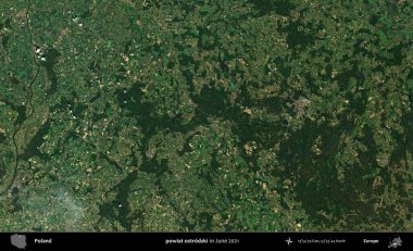 powiat ostrodzki. Copernicus Sentinel 'in Haziran 2021' de çekilmiş uydu görüntüsü üzerine Polonya 'nın idari bölgesi