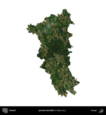 powiat ostrodzki. Polonya 'nın idari bölgesi, Mayıs 2023' te çekilen Kopernik Nöbetçi Fayanslarından oluşan bir uydu görüntüsüyle beyaza izole edildi.