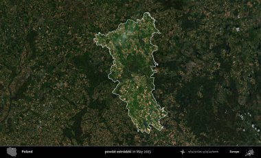 powiat ostrodzki. Polonya 'nın idari alanı, Mayıs 2023' te çekilen Kopernik Nöbetçi karolarından oluşan koyu renkli bir uydu görüntüsü üzerinde vurgulandı ve özetlendi.