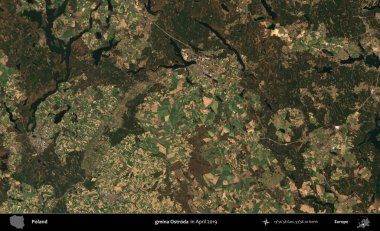 gmina Ostroda. Nisan 2019 'da çekilen Kopernik Sentinel karolarından oluşan bir uydu görüntüsü üzerine Polonya' nın idari bölgesi