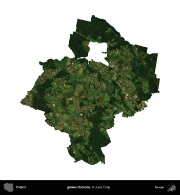 gmina Ostroda. Polonya idari bölgesi, Haziran 2019 'da çekilen Kopernik Nöbetçi karolarından oluşan bir uydu görüntüsü üzerinde beyaza izole edildi.