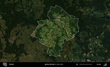 gmina Ostroda. Polonya 'nın idari alanı, Haziran 2019' da çekilen Kopernik Nöbetçi karolarından oluşan koyu renkli bir uydu görüntüsü üzerine vurgulandı ve özetlendi.