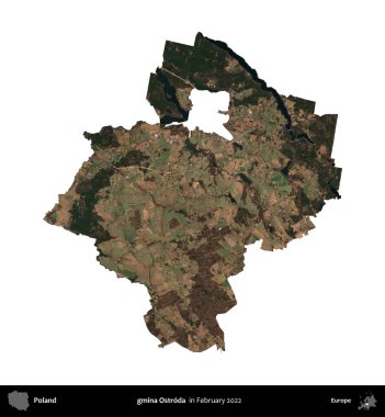 gmina Ostroda. Polonya idari bölgesi, Şubat 2022 'de çekilen Kopernik Nöbetçi karolarından oluşan bir uydu görüntüsü üzerinde beyaza izole edildi.