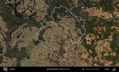 gmina Ostroda. Polonya 'nın idari bölgesinin ana hatlarını, Şubat 2022' de çekilen Kopernik Nöbetçi karolarından oluşan bir uydu görüntüsü oluşturdu.