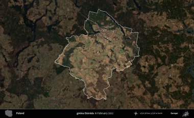 gmina Ostroda. Polonya 'nın idari alanı, Şubat 2022' de çekilen Kopernik Nöbetçi karolarından oluşan koyu renkli bir uydu görüntüsü üzerine vurgulandı ve özetlendi.