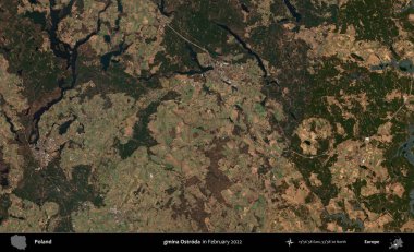 gmina Ostroda. Polonya 'nın idari bölgesi, Şubat 2022' de çekilen Kopernik Sentinel karolarından oluşan bir uydu görüntüsü üzerine kurulmuştur.