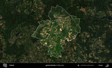 gmina Ostroda. Polonya 'nın idari alanı, Mayıs 2023' te çekilen Kopernik Nöbetçi karolarından oluşan koyu renkli bir uydu görüntüsü üzerinde vurgulandı ve özetlendi.