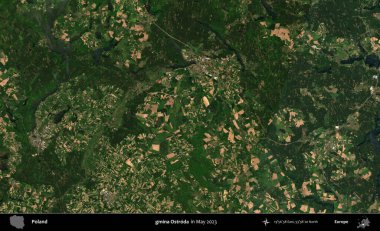 gmina Ostroda. Copernicus Sentinel 'in Mayıs 2023' te çekilmiş uydu görüntüsü üzerine Polonya 'nın idari bölgesi.