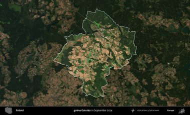 gmina Ostroda. Polonya 'nın idari alanı, Eylül 2024' te çekilen Kopernik Nöbetçi karolarından oluşan koyu renkli bir uydu görüntüsü üzerine vurgulandı ve özetlendi