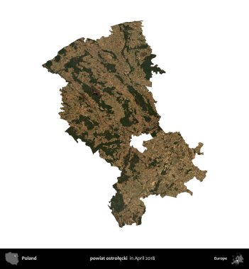 powiat ostrolecki. Polonya idari bölgesi, Nisan 2018 'de çekilen Kopernik Nöbetçi karolarından oluşan bir uydu görüntüsü üzerinde beyaza izole edildi.