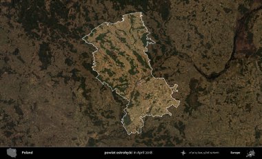 powiat ostrolecki. Polonya 'nın idari alanı, Nisan 2018' de çekilen Kopernik Nöbetçi karolarından oluşan koyu renkli bir uydu görüntüsü üzerine vurgulandı ve özetlendi