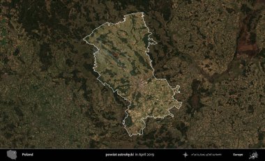 powiat ostrolecki. Polonya 'nın idari alanı, Nisan 2019' da çekilen Kopernik Nöbetçi karolarından oluşan koyu renkli bir uydu görüntüsü üzerine vurgulandı ve özetlendi.