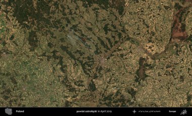 powiat ostrolecki. Nisan 2019 'da çekilen Kopernik Sentinel karolarından oluşan bir uydu görüntüsü üzerine Polonya' nın idari bölgesi