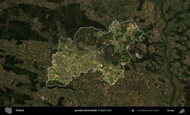 powiat ostrowiecki. Polonya 'nın idari alanı, Nisan 2018' de çekilen Kopernik Nöbetçi karolarından oluşan koyu renkli bir uydu görüntüsü üzerine vurgulandı ve özetlendi