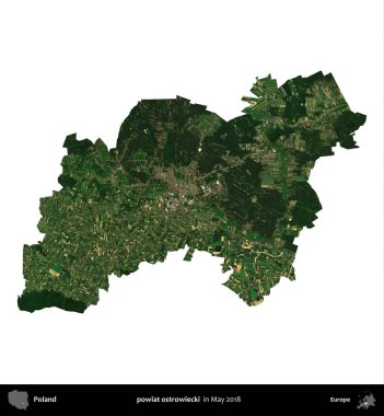 powiat ostrowiecki. Polonya 'nın idari bölgesi, Mayıs 2018' de çekilen Kopernik Nöbetçi Fayanslarından oluşan bir uydu görüntüsü üzerinde beyaza izole edildi.